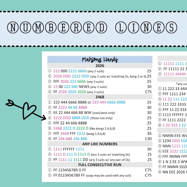 May include: A Mahjong Hands reference card titled Numbered Lines with a light blue header and a black heart arrow pointing to the 2468 section. The card lists various numerical combinations, suits, and point values in black, pink, blue, and gray text.