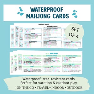 May include: A set of four waterproof Mahjong cards featuring game hands and rules. The cards display text including WATERPROOF MAHJONG CARDS, SET OF 4, Mahjong Hands, and mini MAHJONG, with various numerical and text combinations in blue, green, and black.