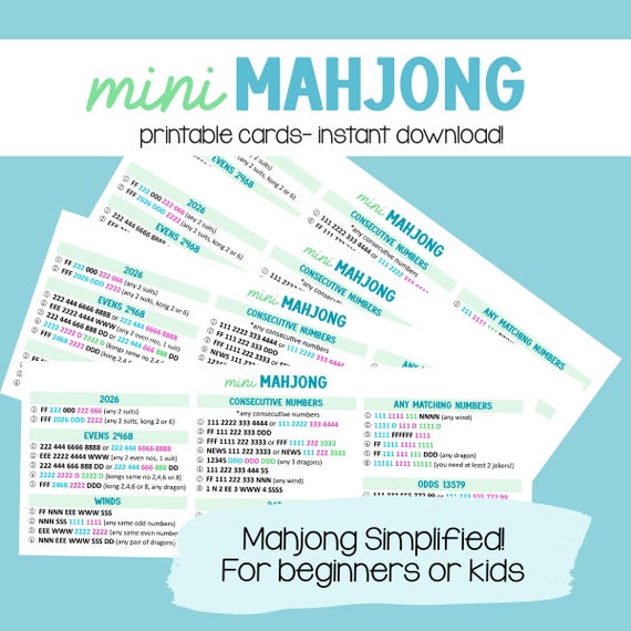 Kids and Beginners Mahjong Card: Easy, Simplified Card. Instant Download!