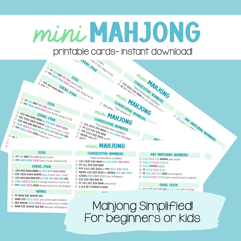 Kids and Beginners Mahjong Card: Easy, Simplified Card. Instant Download! image 1