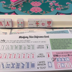 K&ouml;nnte beinhalten: Eine Mahjong-Fliesen-Referenzkarte mit gedruckten Abbildungen von Farben, Drachen und Spielregeln, platziert hinter einem wei&szlig;en Fliesenhalter, der mehrere wei&szlig;e Fliesen mit roten und gr&uuml;nen Symbolen enth&auml;lt, darunter ein Flamingo und ein Drachenzeichen.