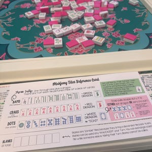 K&ouml;nnte beinhalten: Ein Mahjong-Spielset mit einer blauen, floralen Spielmatte und verstreuten wei&szlig;en und rosafarbenen Spielsteinen. Im Vordergrund liegt eine Mahjong-Referenzkarte, die die Bams-, Craks- und Dots-Farben sowie Drachen- und Blanko-Steine zeigt.