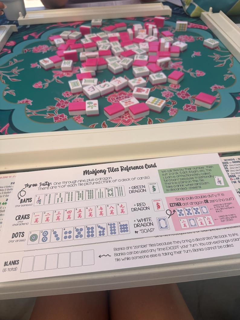K&ouml;nnte beinhalten: Ein Mahjong-Spielset mit einer blauen, floralen Spielmatte und verstreuten wei&szlig;en und rosafarbenen Spielsteinen. Im Vordergrund liegt eine Mahjong-Referenzkarte, die die Bams-, Craks- und Dots-Farben sowie Drachen- und Blanko-Steine zeigt.