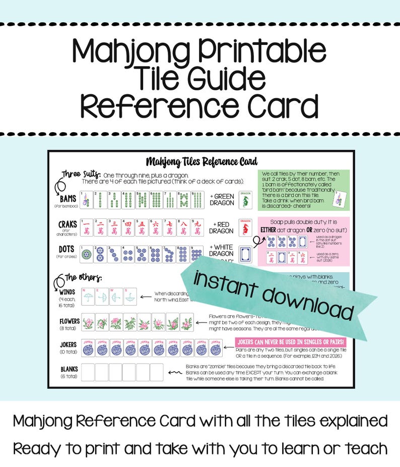 Mahjong Printable Referenzkarte und Tile Guide Bild 1