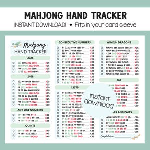 May include: A Mahjong hand tracker score sheet with a light green and white color scheme. The document features columns for 2026, 2468, consecutive numbers, winds, dragons, and 369 hands. It includes checkboxes, point values, and the text instant download.
