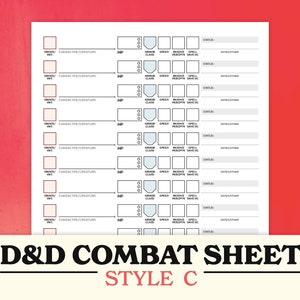 May include: A printable Dungeons and Dragons combat sheet in style C. The sheet has spaces for character name, class, hit points, armour class, speed, passive, spell save DC, and notes.