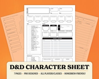 Op de afbeelding: Een zwart-witte printbare Dungeons and Dragons-personagekaart met de tekst "D&D Character Sheet" en "7 Pages - Pro Designed - All Players/Classes - Homebrew-Friendly".