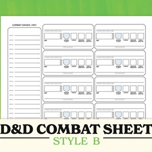 Puede incluir: Una hoja de combate de Dungeons and Dragons imprimible en blanco y negro con el texto "D&D Combat Sheet Style B". La hoja tiene ocho secciones para información de personajes, incluyendo HP, clase de armadura, velocidad, percepción pasiva y tirada de salvación de hechizos.