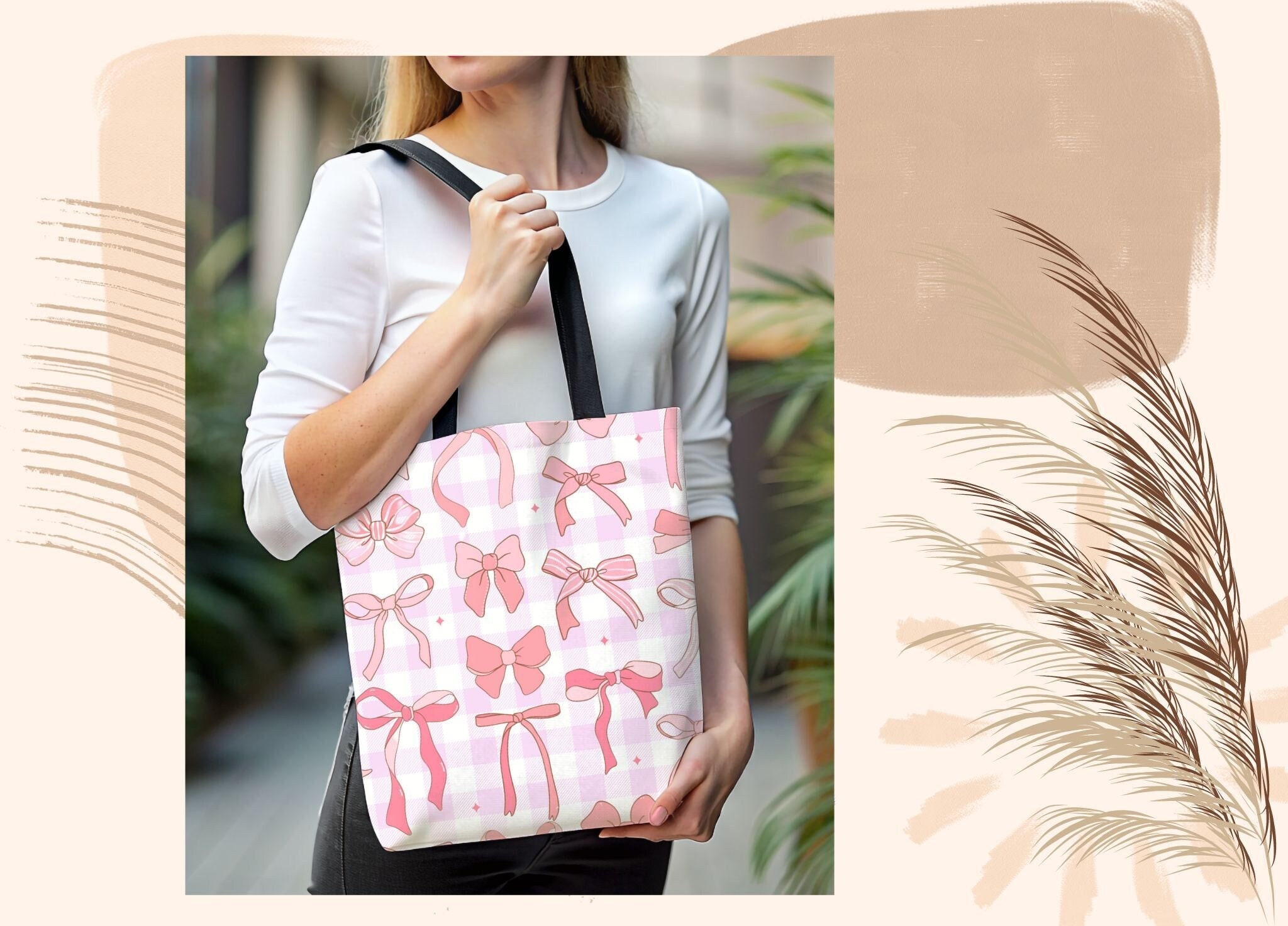 Preppy Pink Bow Canvas Tote Bag - Reusable Grocery & School Bag, Cute Shoulder Bag For Work, Travel, Or Shopping - View #11