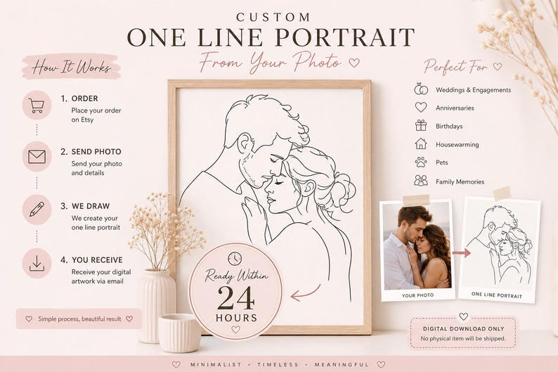 May include: Custom one-line portrait from your photo. The artwork features a minimalist line drawing of a couple in a wooden frame. The image includes text that says "Ready Within 24 Hours" and "Digital Download Only". Perfect for weddings, anniversaries, and family memories.