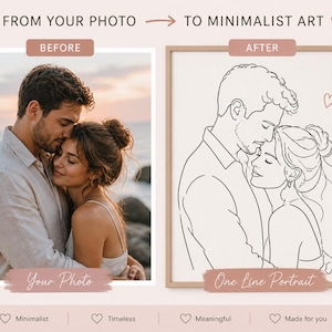 May include: A before-and-after image showcasing a couple. The "before" photo is a color photograph of the couple embracing. The "after" image is a minimalist line art portrait of the couple. Text reads "From Your Photo to Minimalist Art."
