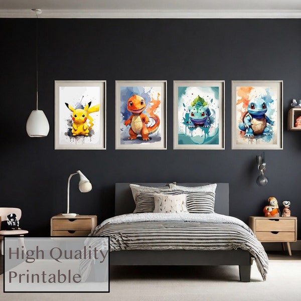 Lot de 4 Illustrations Aquarelles Pokemon, Chambre d'Enfant ou Cadeau, Carapuce, Salamèche, Bulbizarre, Pikachu, Poster Décoration Murale