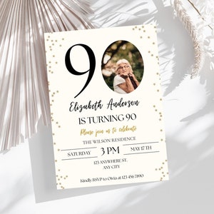 Faire-part 90e anniversaire, modèle d'invitation 90e, invitation numérique à une fête d'anniversaire 90e, carte de 90e anniversaire, modèle d'invitation d'anniversaire