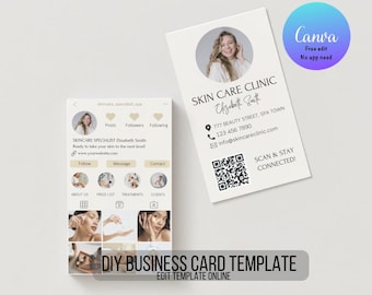 Tarjeta de presentación de Instagram, plantillas editables para esteticistas, tarjeta de presentación de Instagram, plantilla para el cuidado de la piel, plantilla para redes sociales, tarjeta de presentación con código QR
