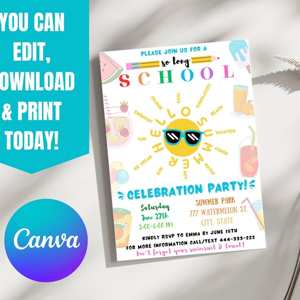 Editable Invitation End of School Party Invitation, Hello Summer Invitation, School’s Out Invitation Sun, Water Slide DIGITAL Printable