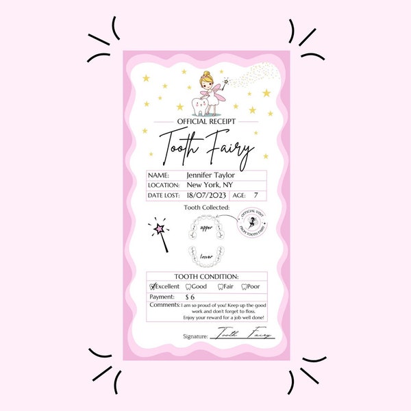 Editable Tooth Fairy Receipt Printable Certificate | First Tooth Lost | Realistic Tooth Fairy Letter | Kids Tooth Fairy Letter | Lost Tooth