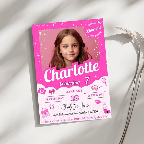 Printable Photo Pink Doll Box Editable Birthday Invitation, Photo Birthday Invitation, Doll Birthday, Digital Kid Princess Birthday Invite