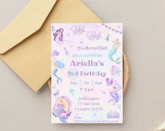 Editable Mermaid Birthday Invitation Template Little Mermaid Under the Sea Magical Pink Purple Girl Invitation Instant Download Printable