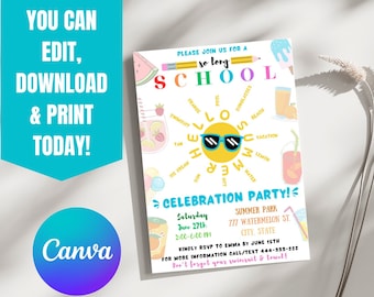Editable Invitation End of School Party Invitation, Hello Summer Invitation, School’s Out Invitation Sun, Water Slide DIGITAL Printable