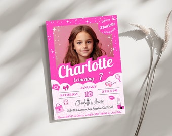 Printable Photo Pink Doll Box Editable Birthday Invitation, Photo Birthday Invitation, Doll Birthday, Digital Kid Princess Birthday Invite