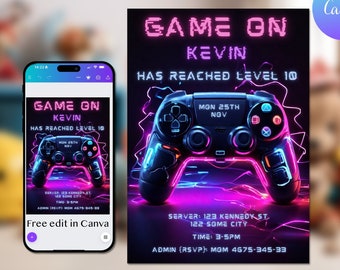 Invito modificabile alla festa del videogioco, invito di compleanno per ragazzo, modello Game Boy, invito di compleanno per ragazzi, invito di compleanno per salire di livello