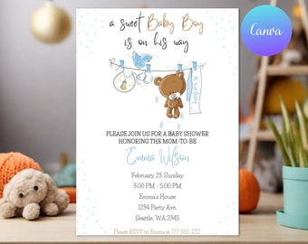 Boy Baby Shower Invitation, It’s a Boy Blue Brown Bear, Baby Clothes Shower Invitation, Baby Shower Invitation, Editable Template Download