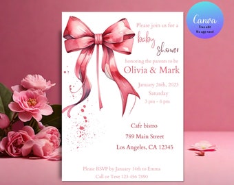 EDITABLE Pink Bow Invitation for Baby Shower, Minimalist Baby Shower Pink Watercolor Ribbon Blush Pink Baby in Bloom Digital Template