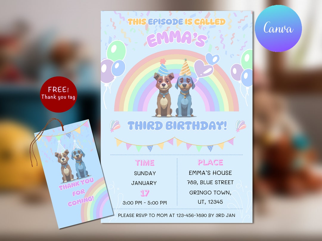Editable Dog Blue Invitation | Blue Dog Inspired Birthday Invite | Blue ...