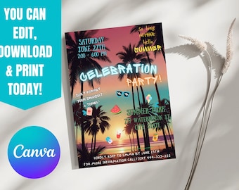 Editable Invitation End of School Party Invitation Hello Summer Invitation, School’s Out Invitation Sun, palms party beach DIGITAL Printable