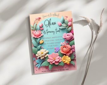 Flowers birthday Invitation template, Watercolor Editable Floral Birthday Invitation Printable Floral Birthday invite Party Teen 1st 2nd 3rd