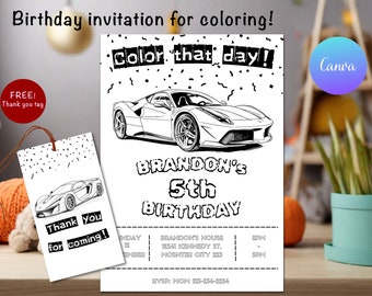 Boy Editable Birthday Invitation for Coloring, Cars Birthday Invitation, Supercars birthday invitation, Car Birthday invitation Coloring car