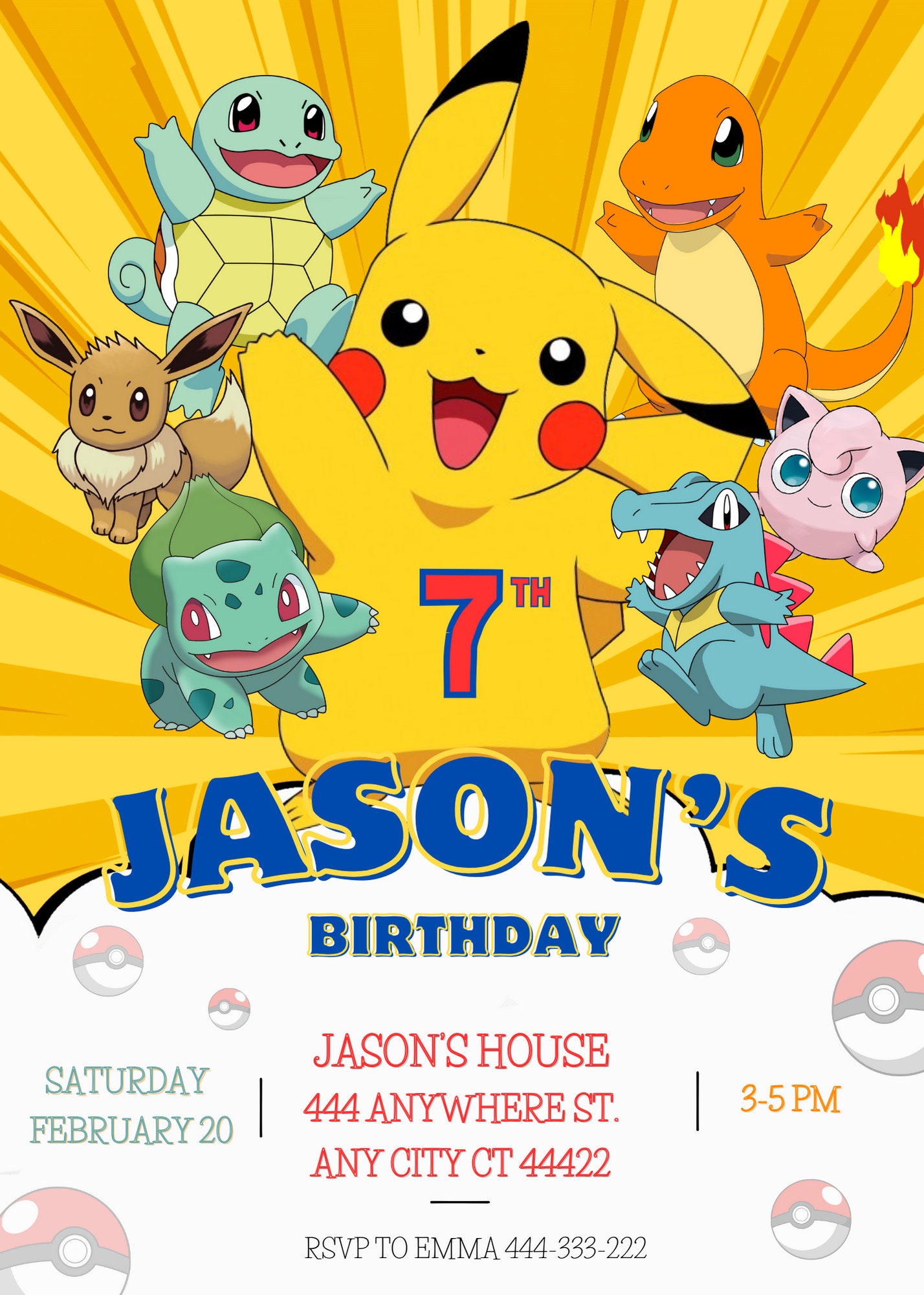 Editable Pokemon Birthday Invitation for Kids Birthday Party Card ...