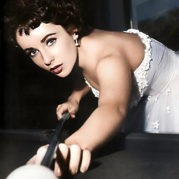 Elizabeth Taylor c. 1950's shooting pool | color | multiple sizes | old Hollywood glam | vintage actress celebrity | leading lady [C168]