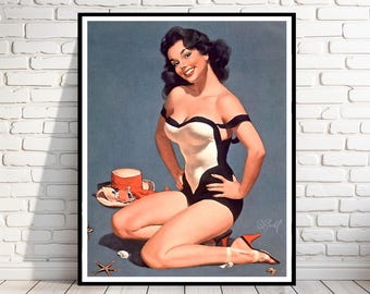 May include: A vintage pin-up style illustration of a woman in a black and white swimsuit, sitting on a beach with a red and white hat and seashells. The background is a light blue.