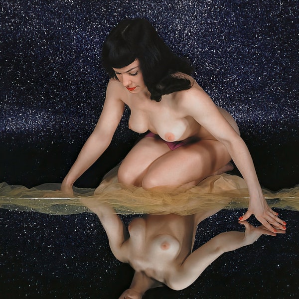 Bettie Page nude with mirror | c. 1950's | color art print poster | multiple sizes | vintage pinup art | nude woman art  [C507]