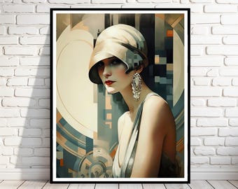 May include: A vintage-style illustration of a woman wearing a white cloche hat and a silver dress. The background is a geometric pattern of blue, green, and beige.