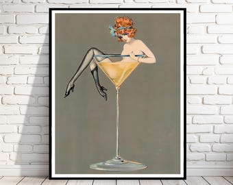 Vintage illustration of flapper with bow and stockings in champagne glass c. 1930's | print/poster | color | jazz age  [694]