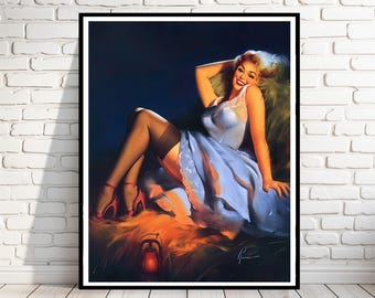 May include: A vintage pin-up style illustration of a woman in a blue dress and red heels, sitting on a bed of hay with a lantern in the foreground.