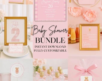 Pink Teddy Bear Baby Shower Bundle for baby girl Bundle, Vintage Classic Ralph Bear Baby Shower Invitation and Decorations bundle