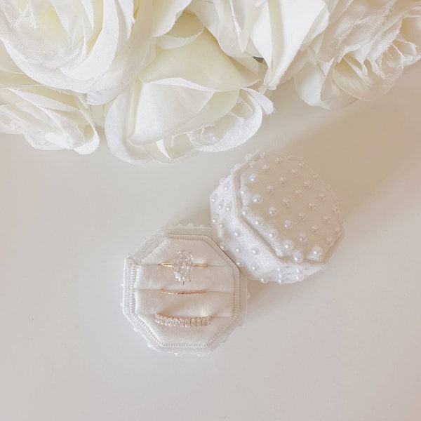 Pearl Ring Box, OCTAGON Ring Box, Triple Slot White Wedding Ring Box, Proposal Ring Box, Velvet Ring Box, 3 SLOT Ring Box, Bridal Gift