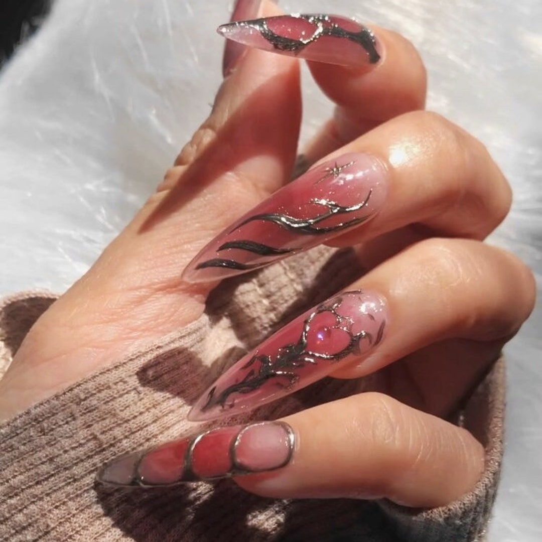 Y2K Chrome Art Press on Nails Gothic Nails Glitter Nails Blushing Nail