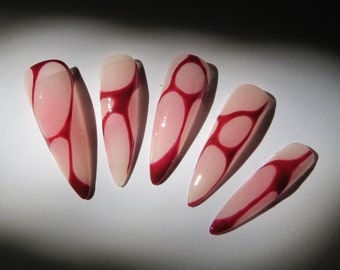 Dark Red Blushing Nails | Red Abstract Lines Nail | Y2k Style Nails | Gothic Nails |Handmade Press on Nails
