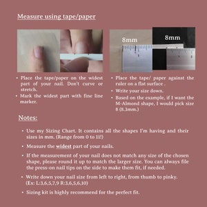 K&ouml;nnte beinhalten: Anleitung zur Nagelmessung mit Klebeband und Lineal. Der Text erkl&auml;rt, wie man den breitesten Teil des Nagels misst und eine Gr&ouml;&szlig;entabelle verwendet. Die Messungen erfolgen in Millimetern, mit Hinweisen zum Aufrunden der Gr&ouml;&szlig;en.