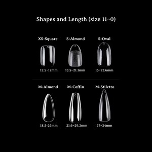 K&ouml;nnte beinhalten: Auf schwarzem Hintergrund werden sechs verschiedene Nagelformen gezeigt: XS-Quadrat, S-Mandel, S-Oval, M-Mandel, M-Coffin und M-Stiletto. Jede Form hat eine Gr&ouml;&szlig;enangabe in Millimetern. Der Text "Shapes and Length (size 11~0)" steht oben.