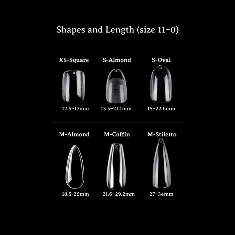 K&ouml;nnte beinhalten: Auf schwarzem Hintergrund werden sechs verschiedene Nagelformen gezeigt: XS-Quadrat, S-Mandel, S-Oval, M-Mandel, M-Coffin und M-Stiletto. Jede Form hat eine Gr&ouml;&szlig;enangabe in Millimetern. Der Text "Shapes and Length (size 11~0)" steht oben.
