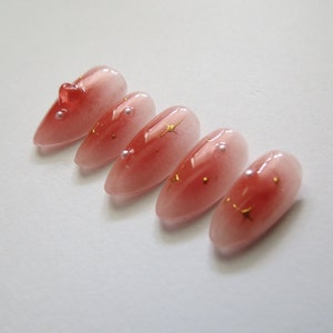 Red Fox Blushing Nails | Blushing Nails | Starry Nails | Cozy Nails | Pearl Nails | 3D Heart Nails | Handmade Press On Nails