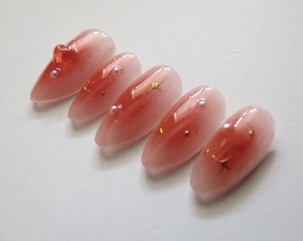 Red Fox Blushing Nails | Blushing Nails | Starry Nails | Cozy Nails | Pearl Nails | 3D Heart Nails | Handmade Press On Nails