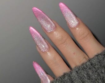 Pink Ombre Nails | Cat Eye Nails | Press On Nails | Sparkle Nails | Flashlight Effect | Neows By Mieu