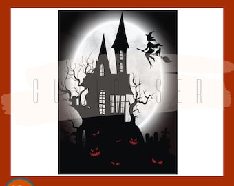 Haunted House Halloween Sublimation Printable Png, Spooky Pumpkin Designs, Full Moon Witch Png, Digital Download