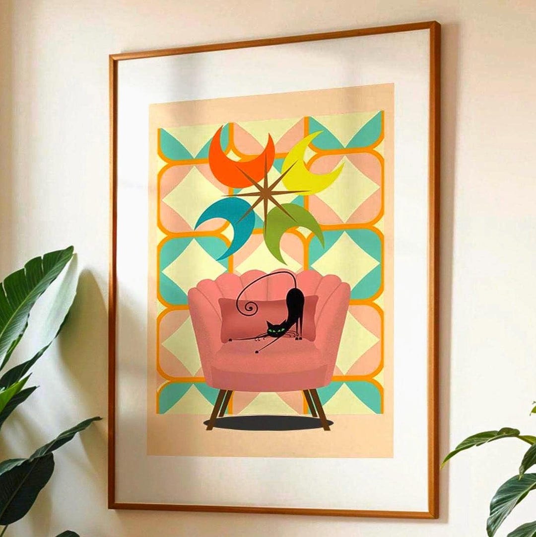 Printable Retro Cat Digital Art Print, Mid-century Modern Wall Decor ...